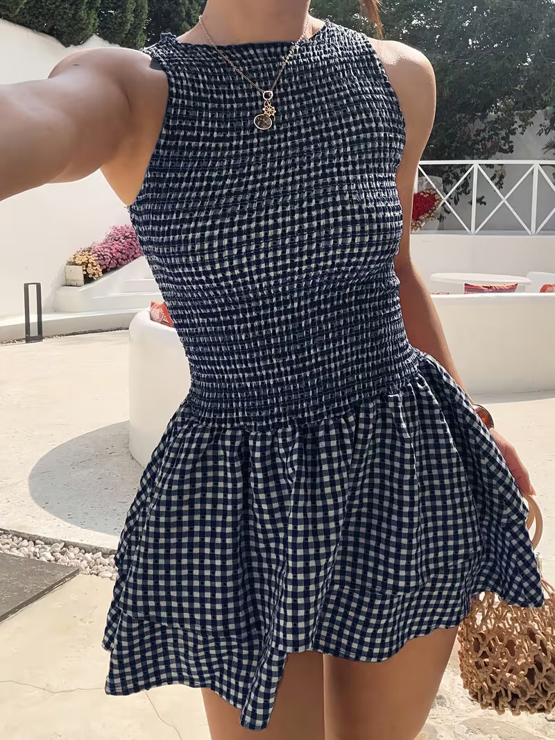 Smocked Gingham Mini Dress