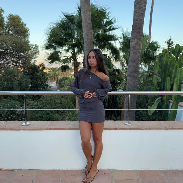 Isola dress with one shoulder detail