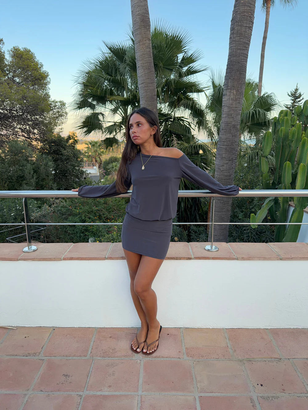 Isola dress with one shoulder detail