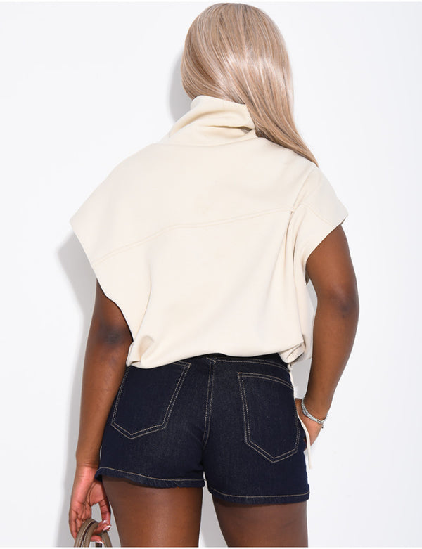 Buttoned Sleeveless High Neck Sweatshirt