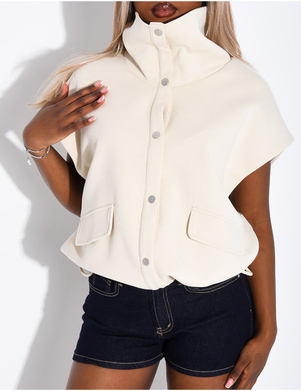 Buttoned Sleeveless High Neck Sweatshirt